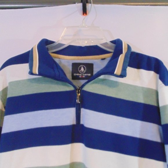 Chris Cayne 1/4 zip long sleeve sweater Large Blue/green/white Stripe - Picture 2 of 8